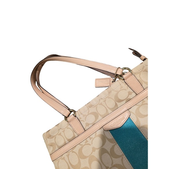Coach Signature Stripe Tote Bag Khaki Tan Teal Glitter Canvas F28504 clean - Picture 4 of 7